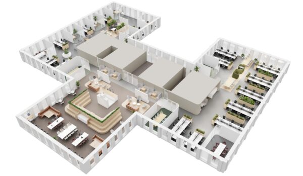 3D plattegrond van een modern kantoorpand aan de Fascinatio Boulevard met open werkplekken, vergaderruimtes en lounges.